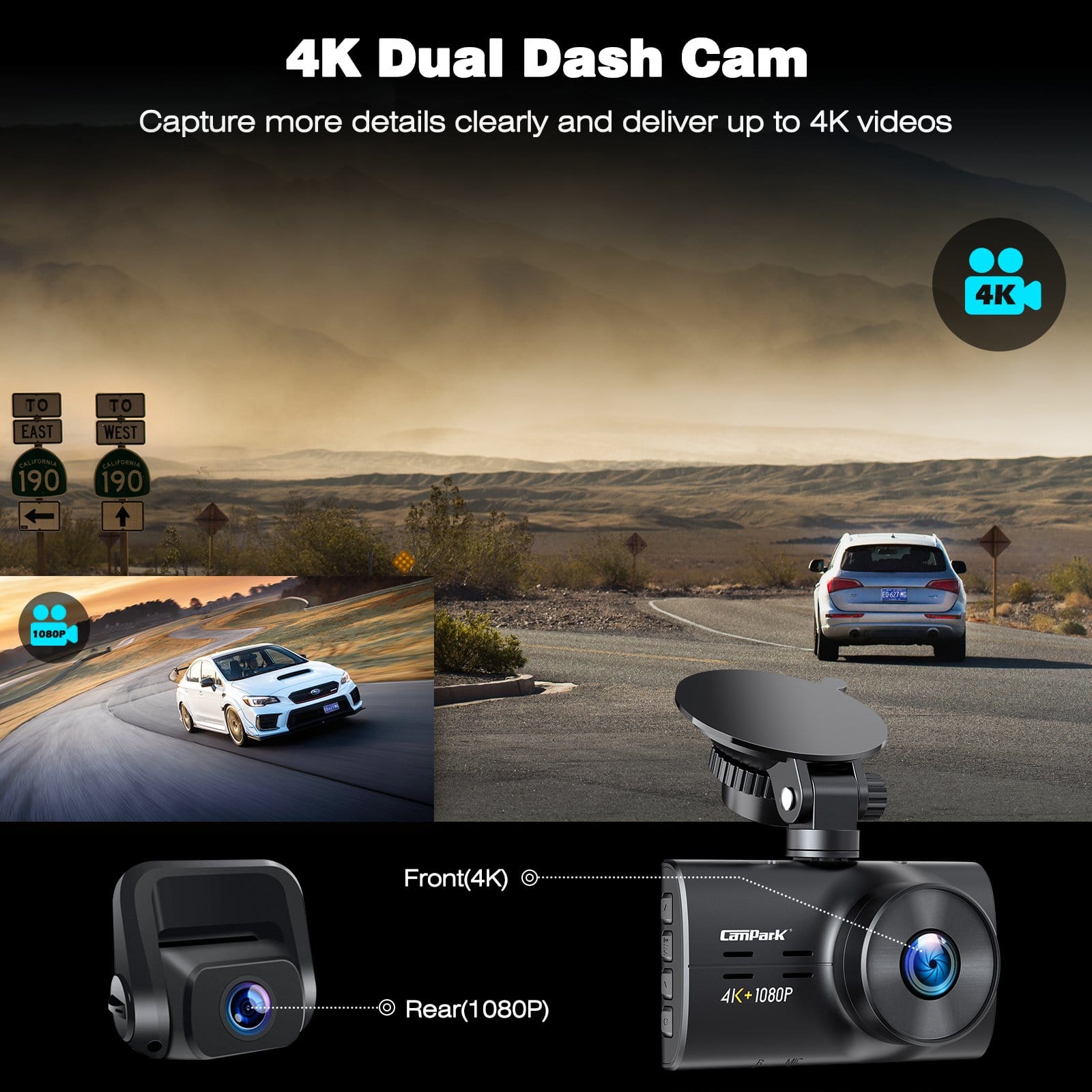 Campark DC30 Dash Cam Native 4K Front and 1080P Rear Car Camera