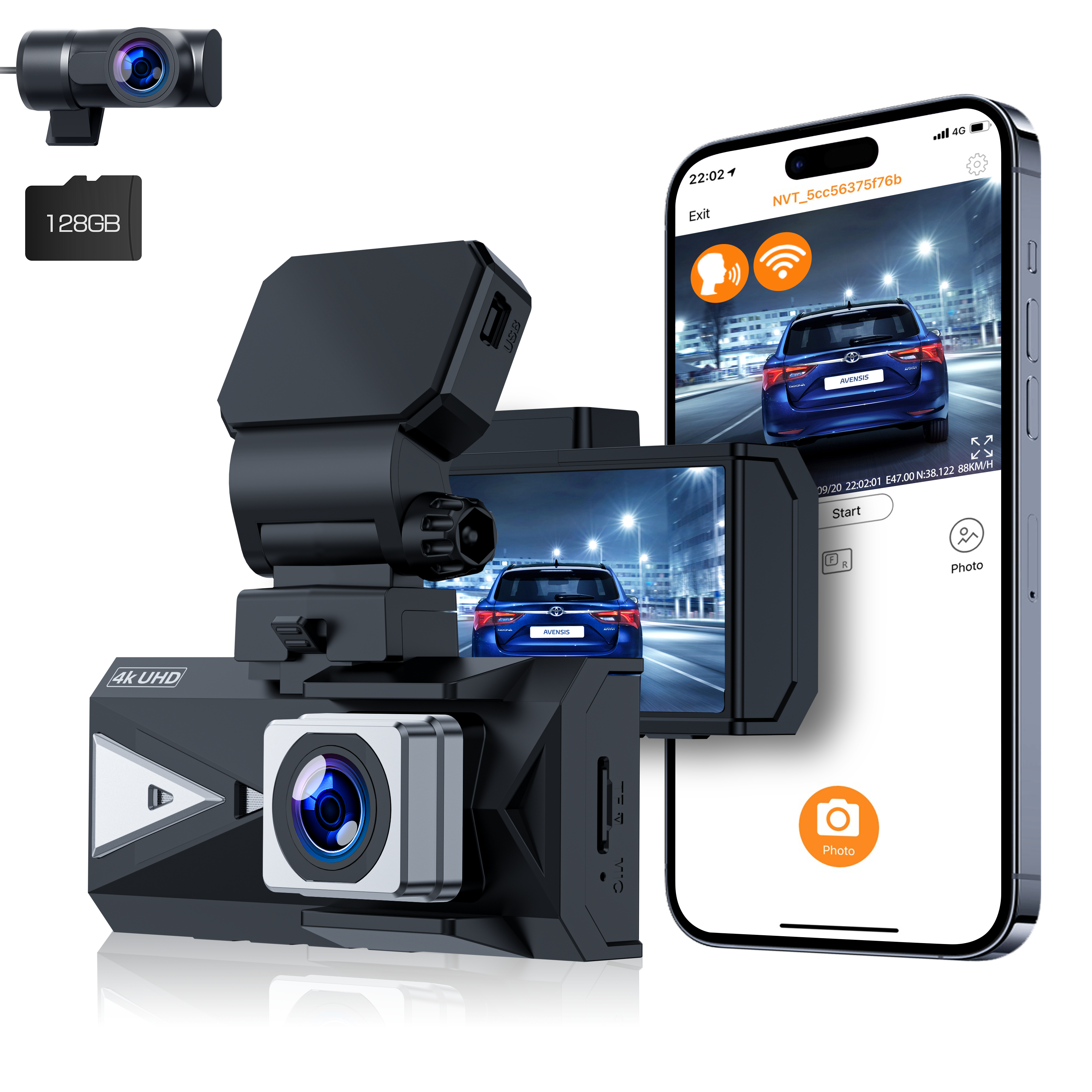 Campark DC19 4K Dual Dash Camera Front and Rear with 3.16'' Touch Screen and 128GB Card