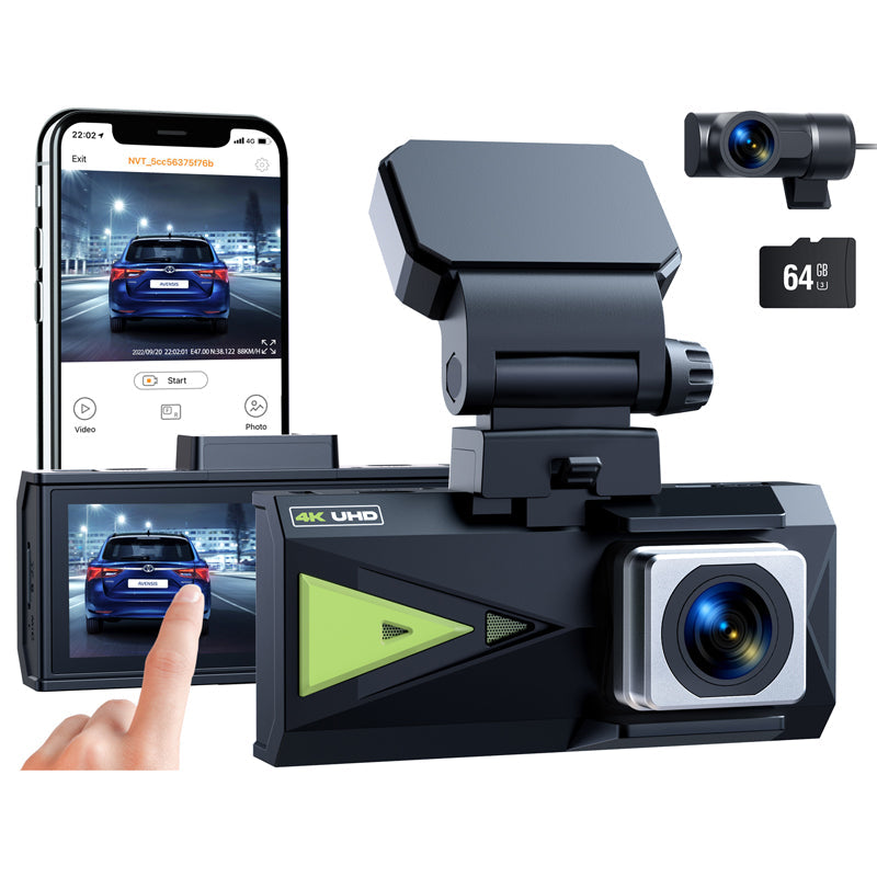 Campark DC15 4K+ 2K Front and Rear Dash Camera for Cars Built in WiFi GPS with 3.16" Touch Screen, 64GB Memory Card (USA Only)