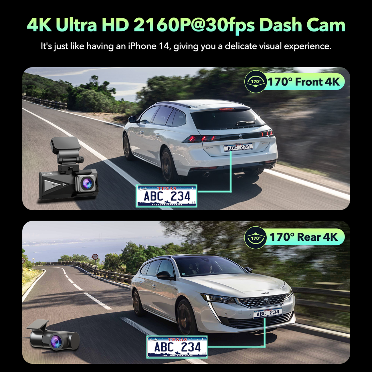 Campark DC19 4K Dual Dash Camera Front and Rear with 3.16'' Touch Screen and 128GB Card