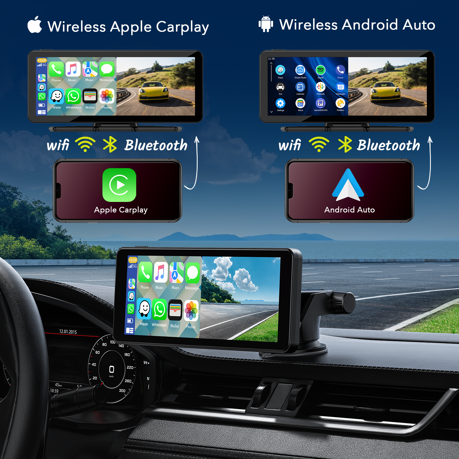 6.86'' Car Stereo Wireless Apple Carplay & Android Auto with 2.5K Dash Cam & 1080P Backup Camera, GPS and 64GB Card
