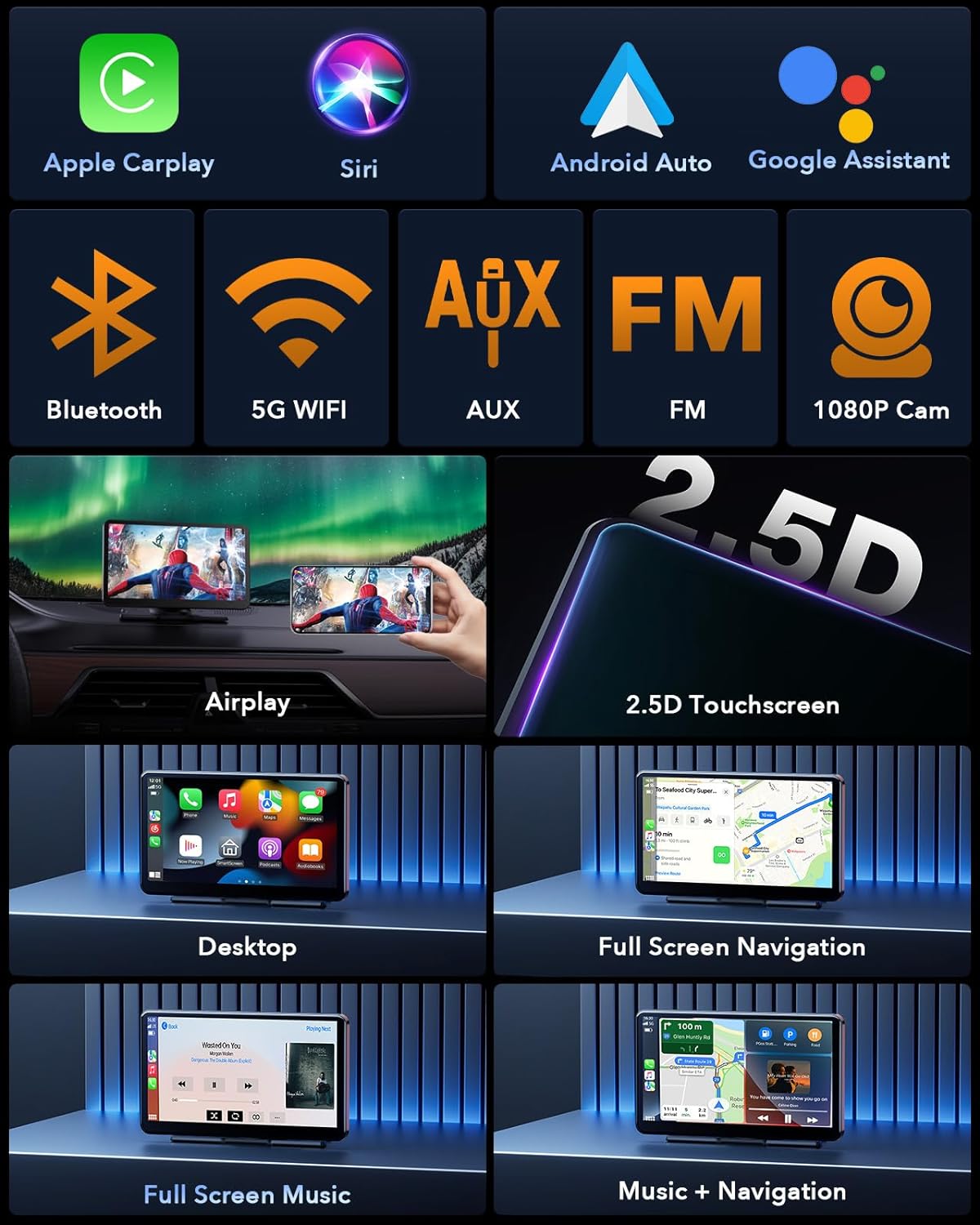 RC08 7'' Car Stereo 2.5D Wireless Apple Carplay & Android Auto with 1080P Backup Camera, Airplay and Bluetooth