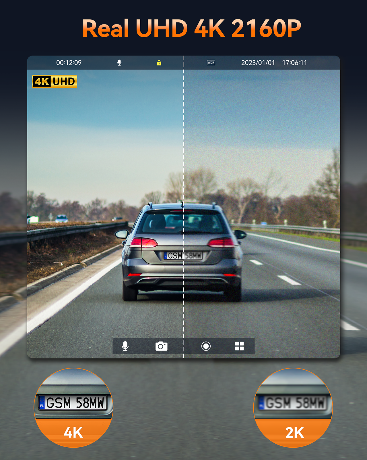 Campark DC06 4K Dash Camera 3.16''Touch Screen Inside WiFi GPS Dual Dashcams Front and Rear with 64GB Memory Card