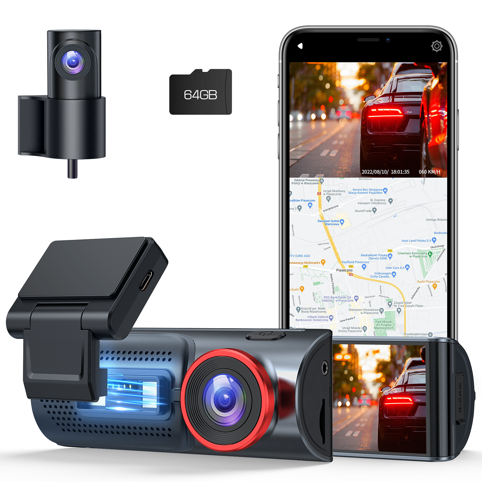 Campark DC06 4K Dash Camera 3.16''Touch Screen Inside WiFi GPS Dual Dashcams Front and Rear with 64GB Memory Card