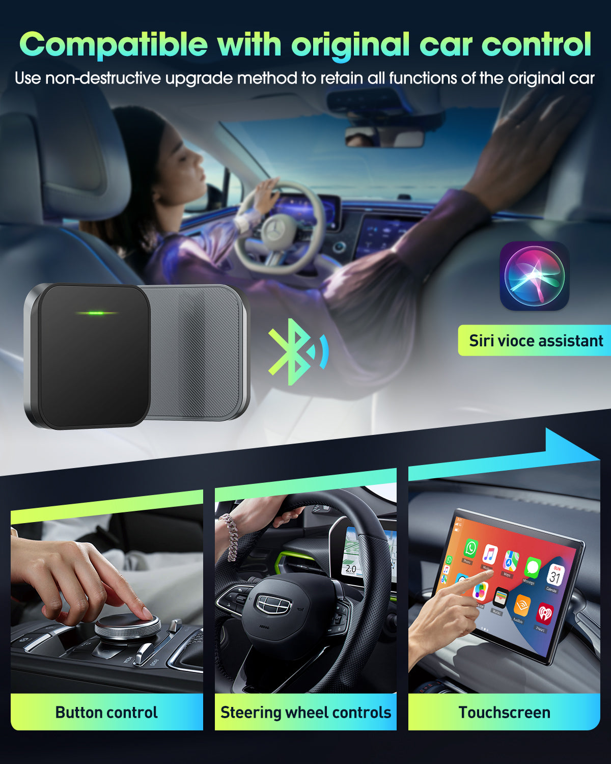 Apple CarPlay Wireless Adapter for Factory Wired CarPlay, Plug and Play, Applicable to 2015+ Cars and IOS 10 and up.