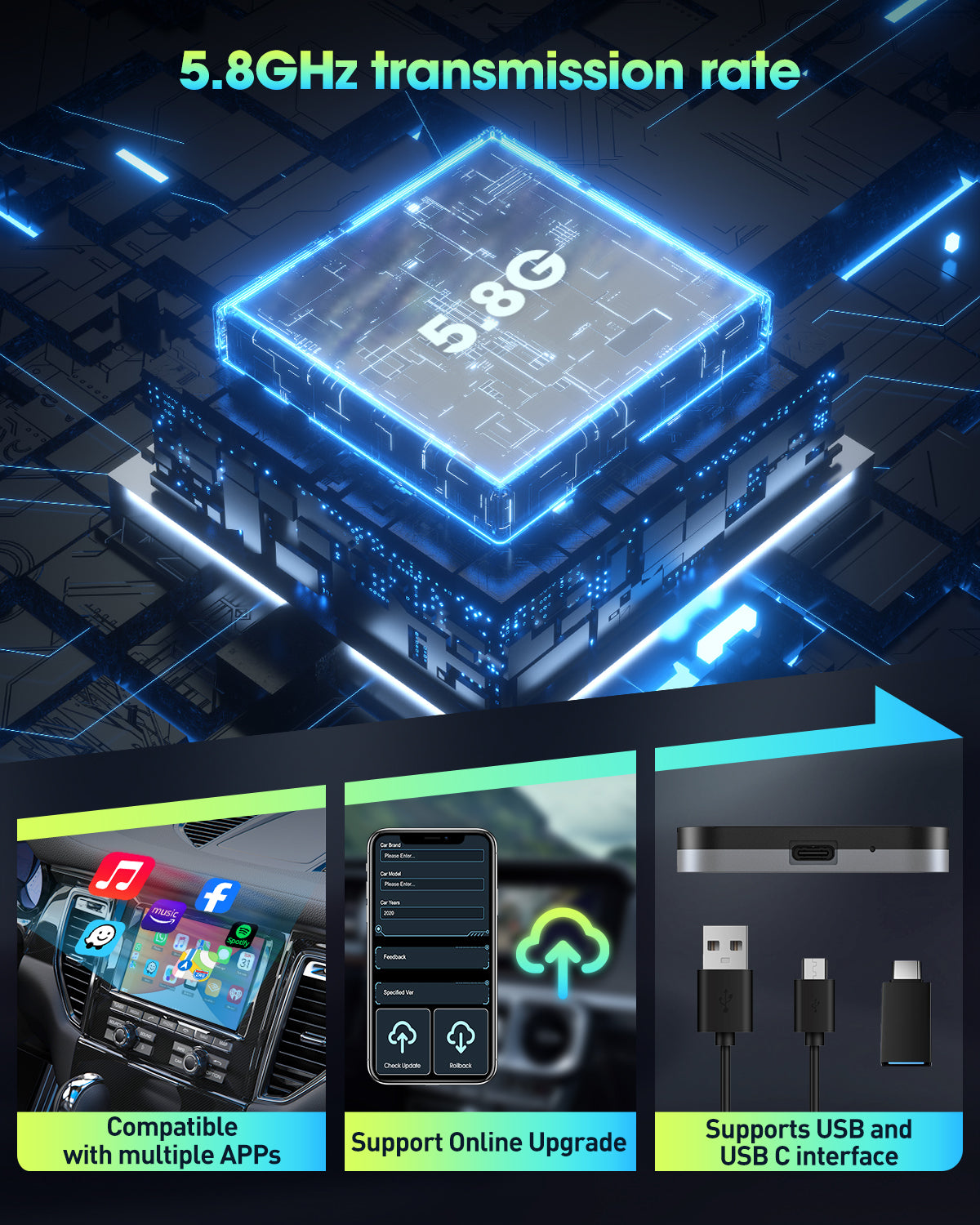 Apple CarPlay Wireless Adapter for Factory Wired CarPlay, Plug and Play, Applicable to 2015+ Cars and IOS 10 and up.