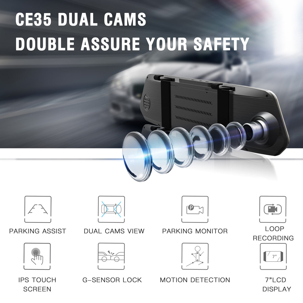 Campark CE35A 1080P Front and Rear Mirror Dash Cam with 7" Touchscreen