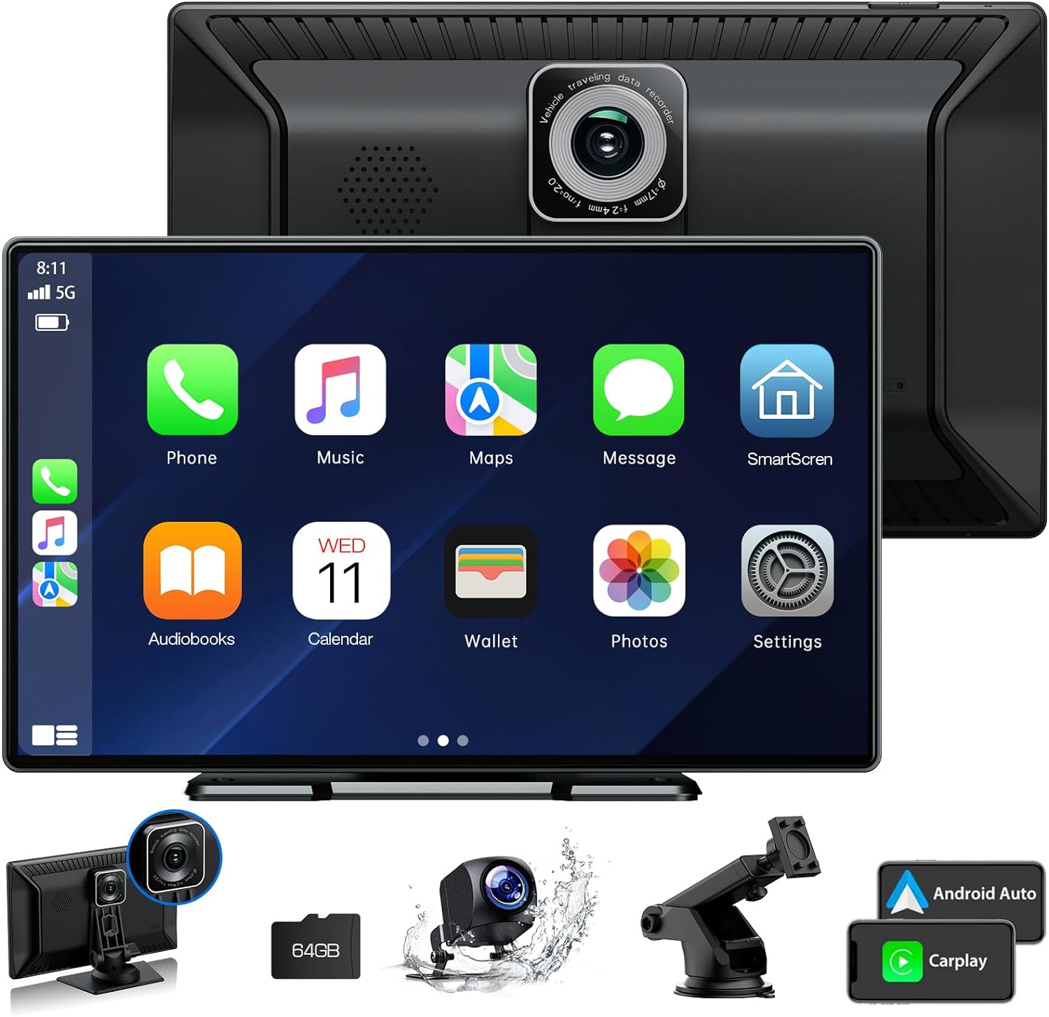 RC07 9''Car Stereo Wireless Apple Carplay & Android Auto with 2.5K Dash Cam & 1080P Backup Camera, Mirror Link and GPS