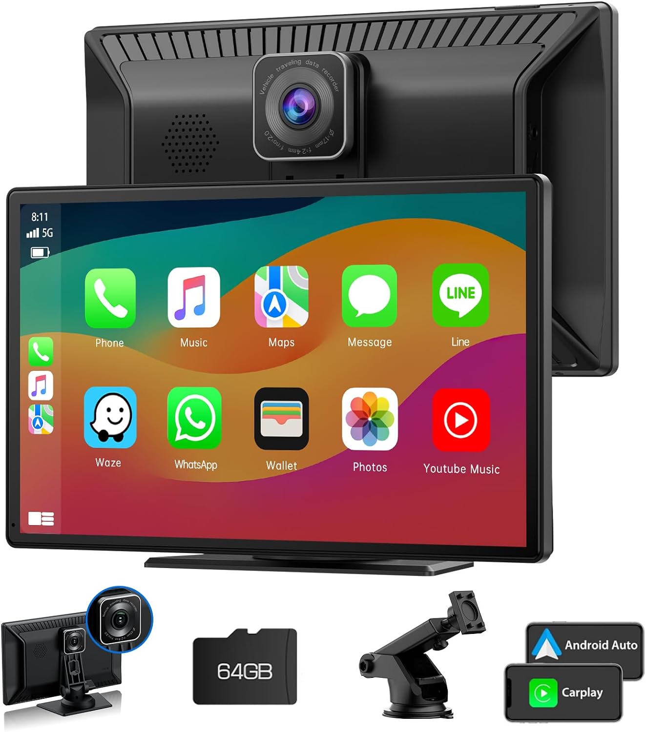 RC07 9''Car Stereo Wireless Apple Carplay & Android Auto with 2.5K Dash Cam & 1080P Backup Camera, Mirror Link and GPS