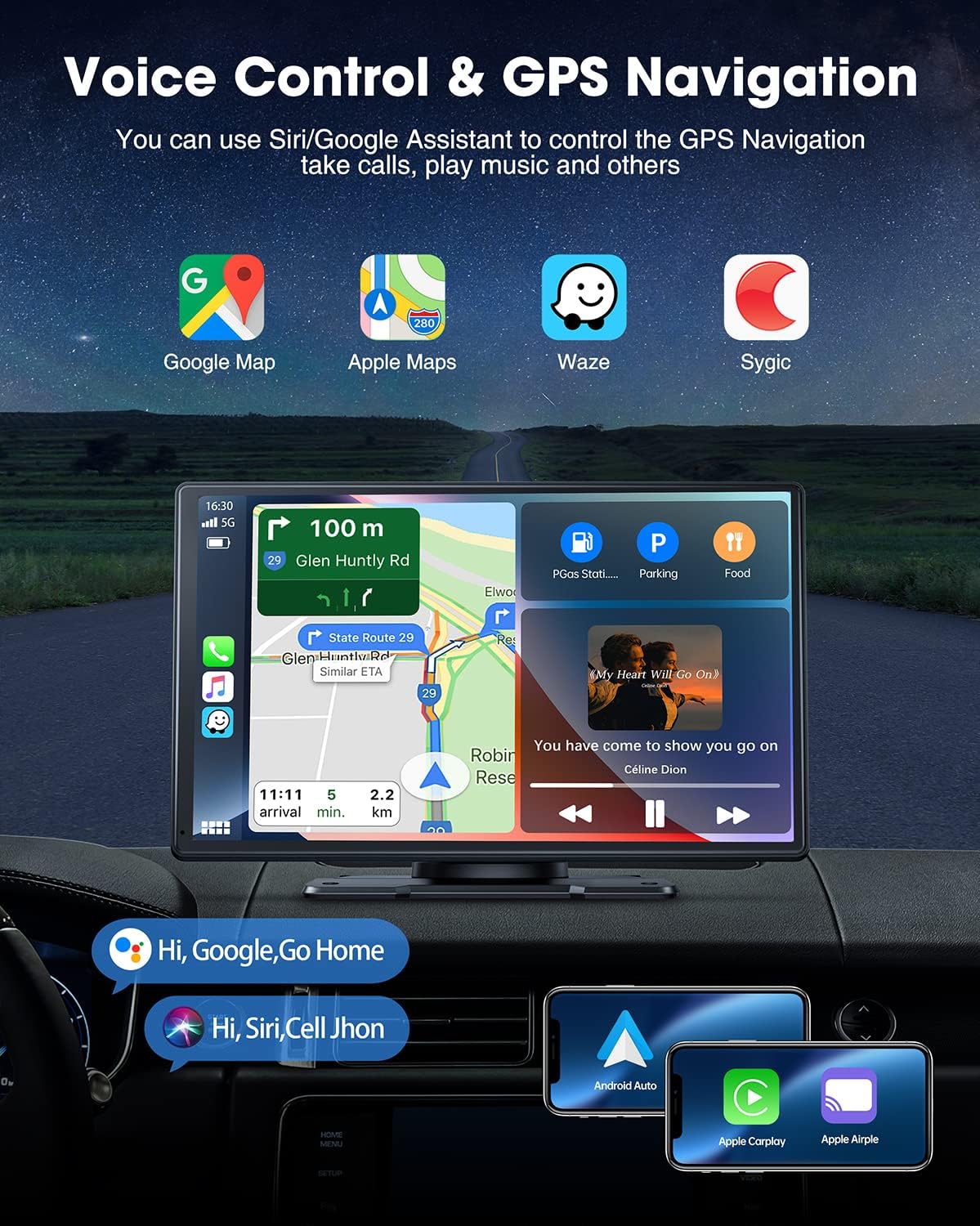 RC07 9''Car Stereo Wireless Apple Carplay & Android Auto with 2.5K Dash Cam & 1080P Backup Camera, Mirror Link and GPS