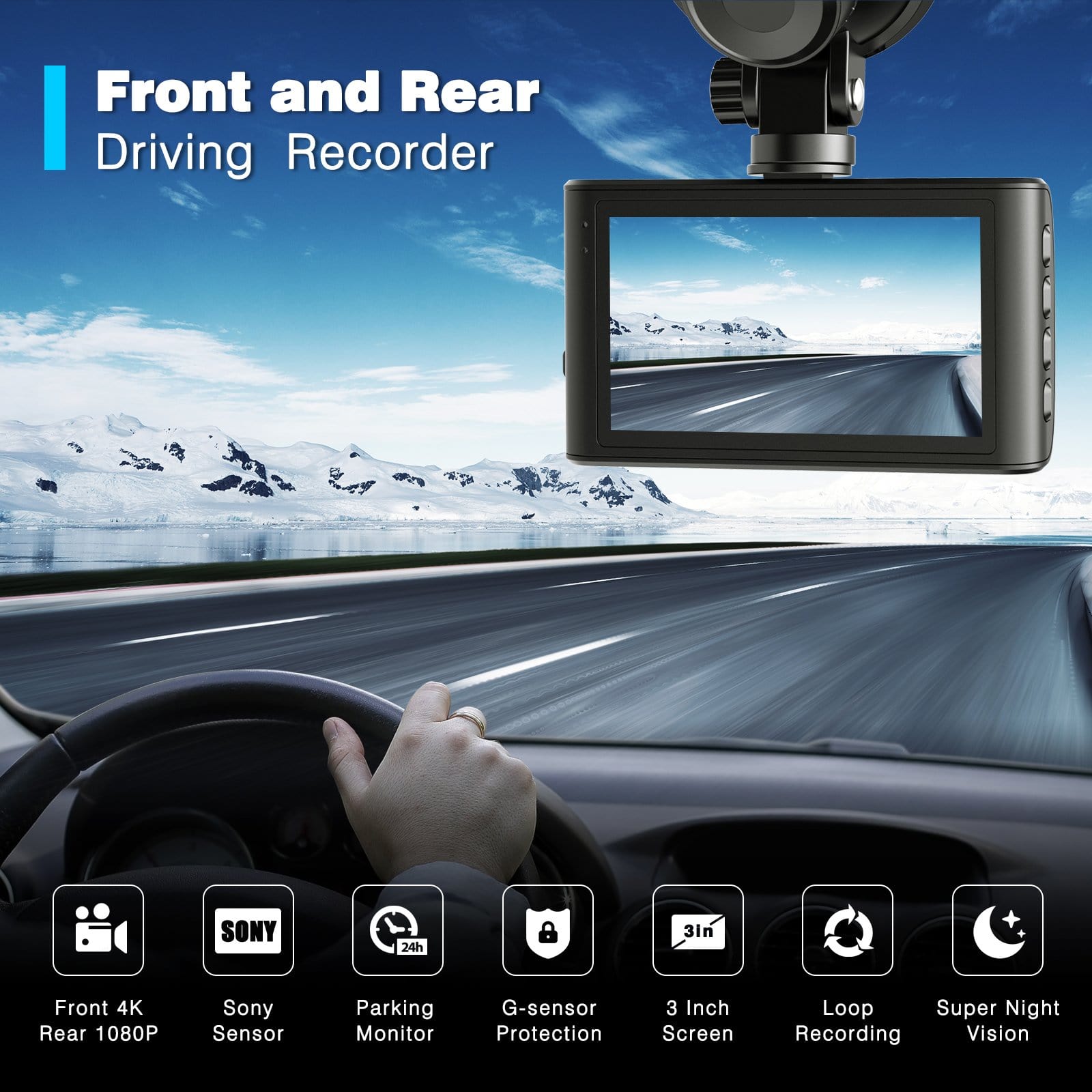 Campark DC30 Dash Cam Native 4K Front and 1080P Rear Car Camera