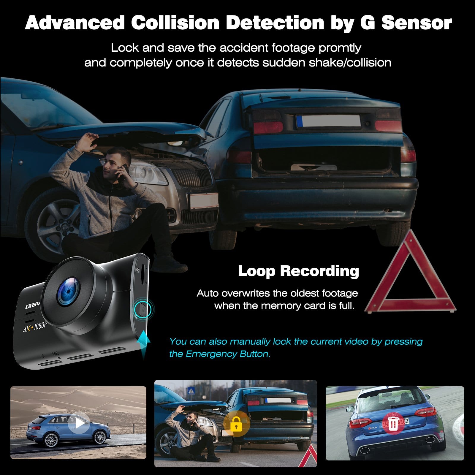 Campark DC30 Dash Cam Native 4K Front and 1080P Rear Car Camera