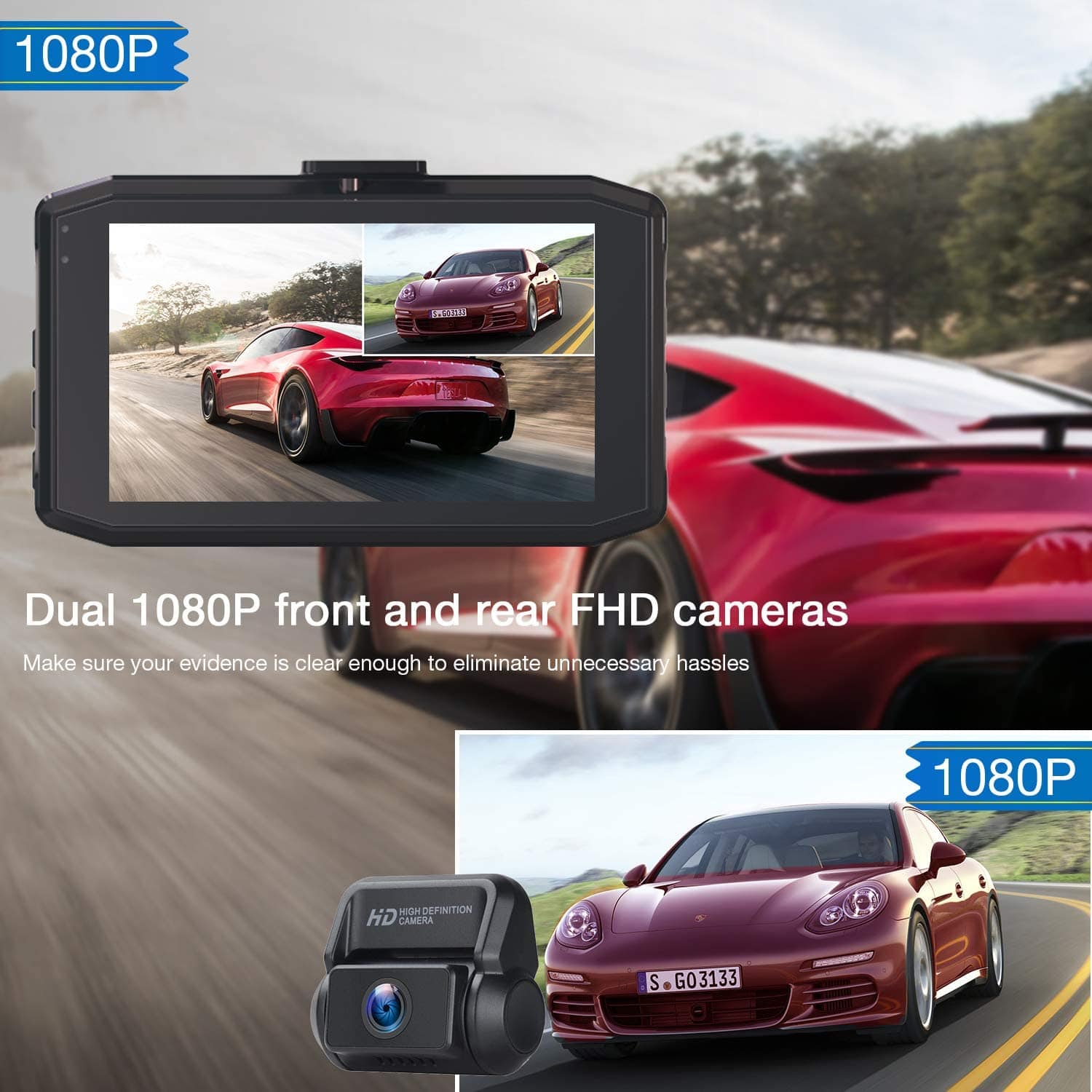 Campark DC20 Dash Cam Front and Rear Dual 1080P Car Camera with 340° Wide Angle Recording