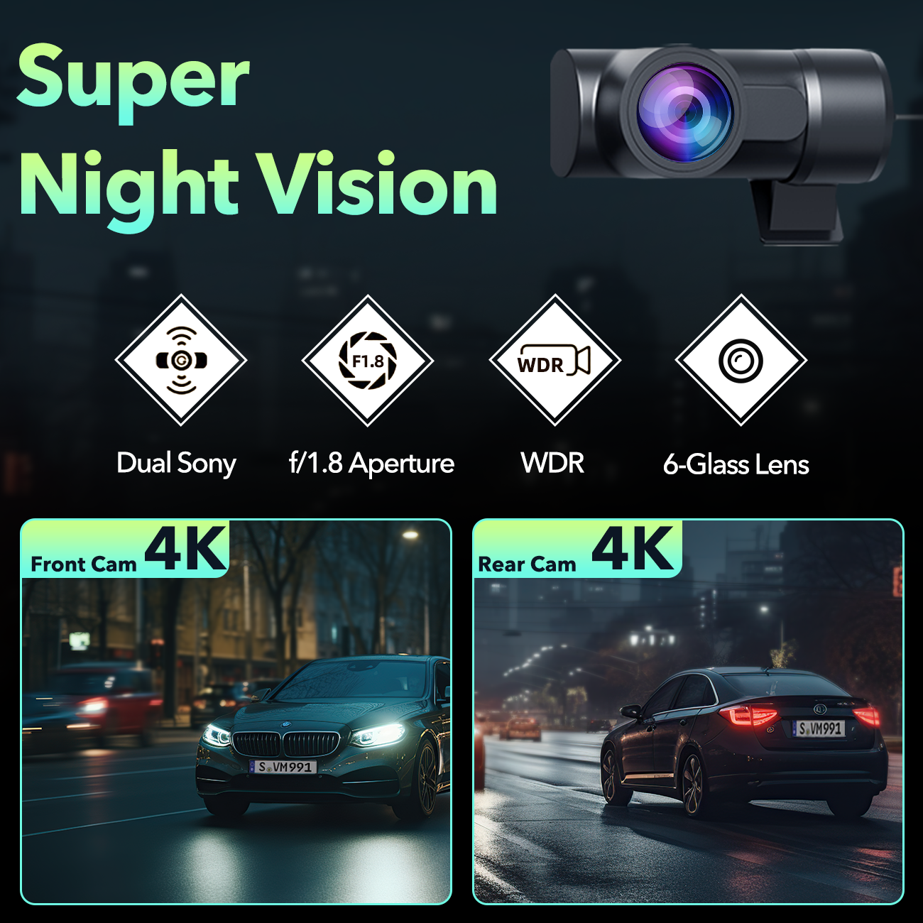 Campark DC19 4K Dual Dash Camera Front and Rear with 3.16'' Touch Screen and 128GB Card