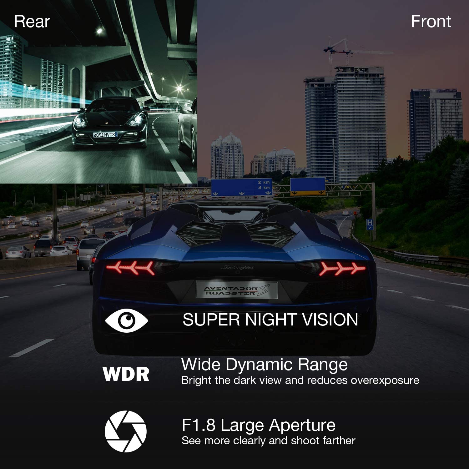 Campark DC20 Dash Cam Front and Rear Dual 1080P Car Camera with 340° Wide Angle Recording