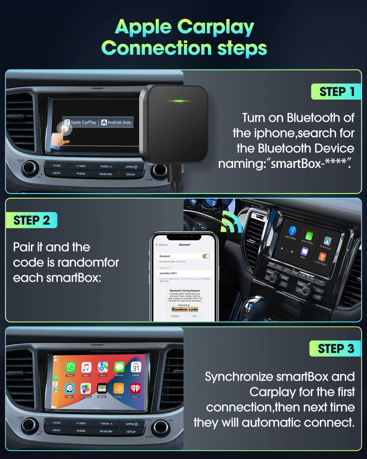 Apple CarPlay Wireless Adapter for Factory Wired CarPlay, Plug and Play, Applicable to 2015+ Cars and IOS 10 and up.