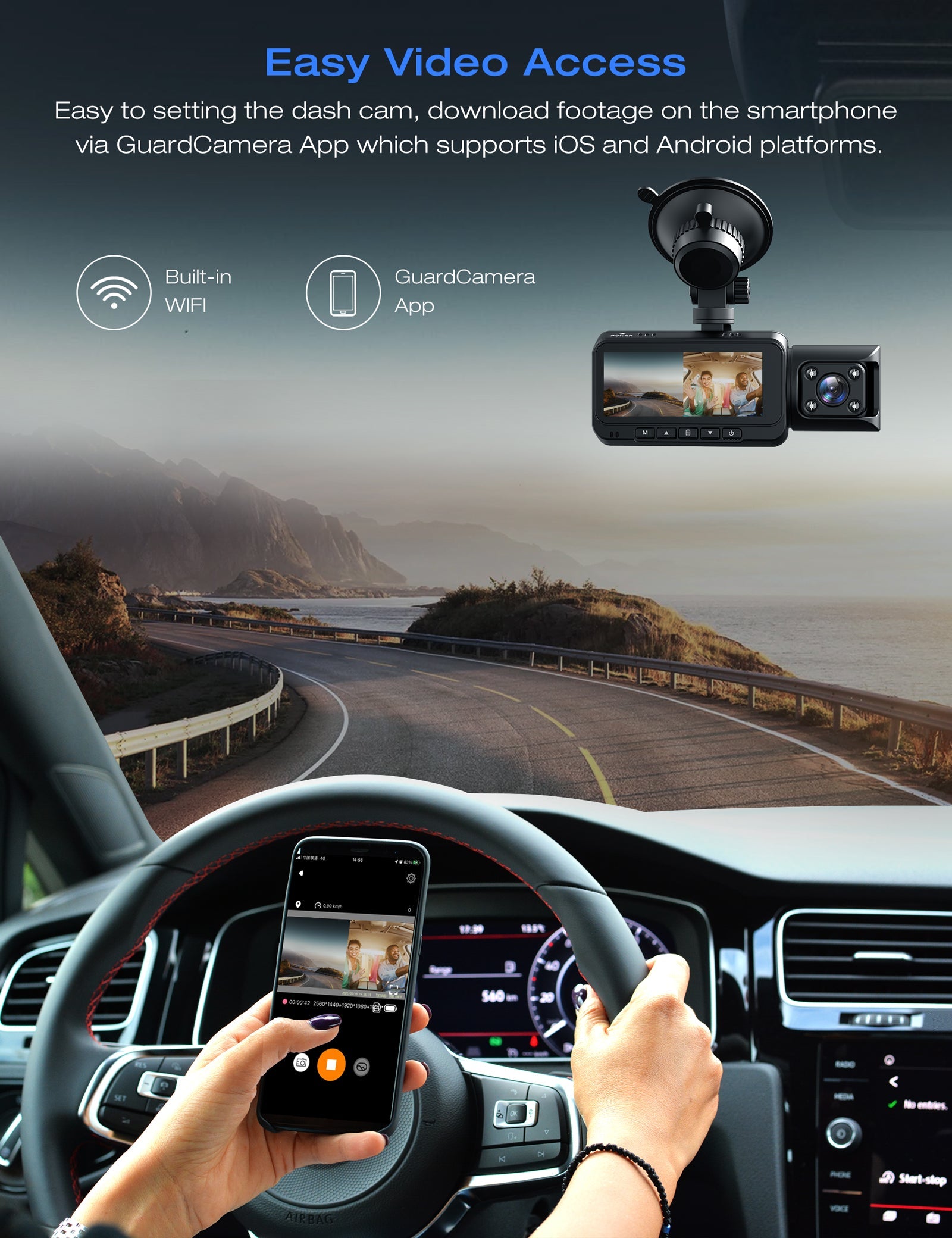 Toguard CE67A 4K Front and Inside GPS WiFi 2160P+1080P Dual Dash Camera