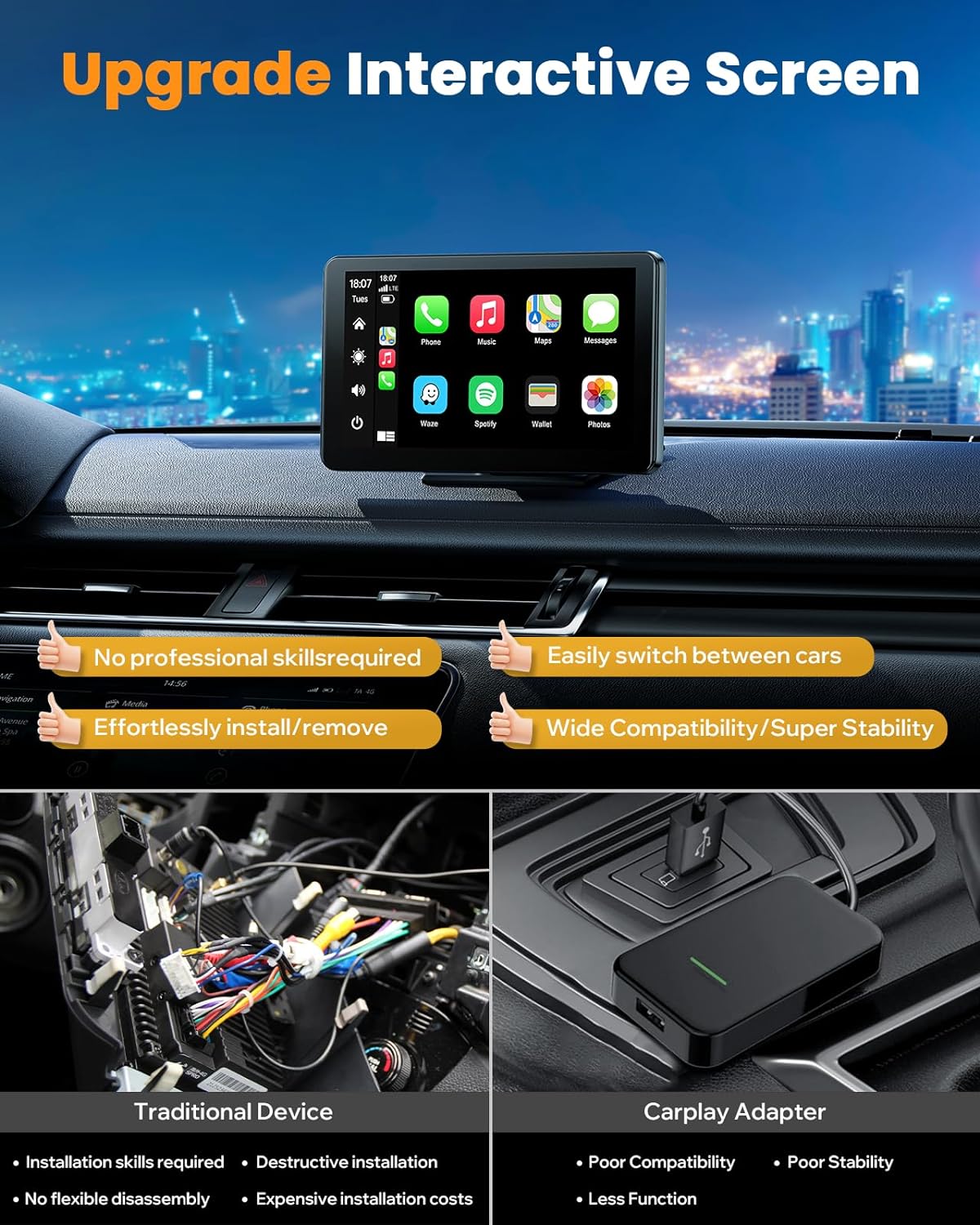 RC08 7'' Car Stereo 2.5D Wireless Apple Carplay & Android Auto with 1080P Backup Camera, Airplay and Bluetooth