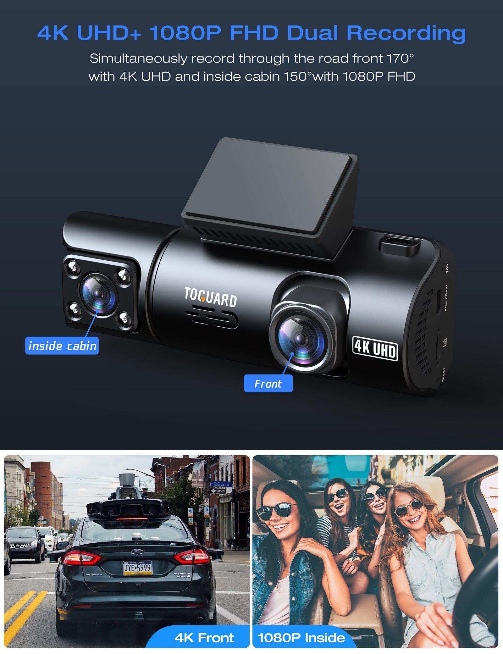 Toguard CE67A 4K Front and Inside GPS WiFi 2160P+1080P Dual Dash Camera