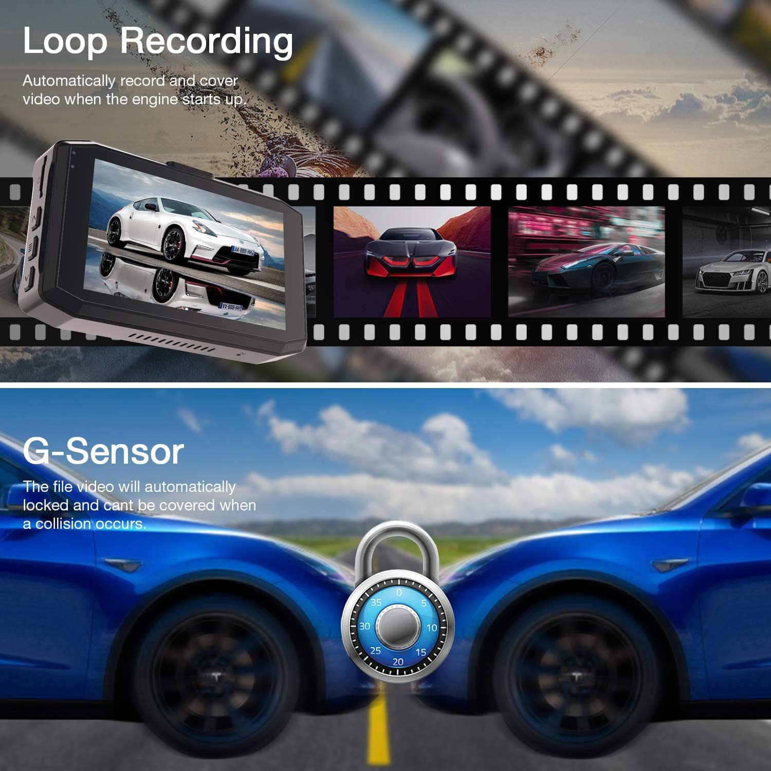 Campark DC20 Dash Cam Front and Rear Dual 1080P Car Camera with 340° Wide Angle Recording