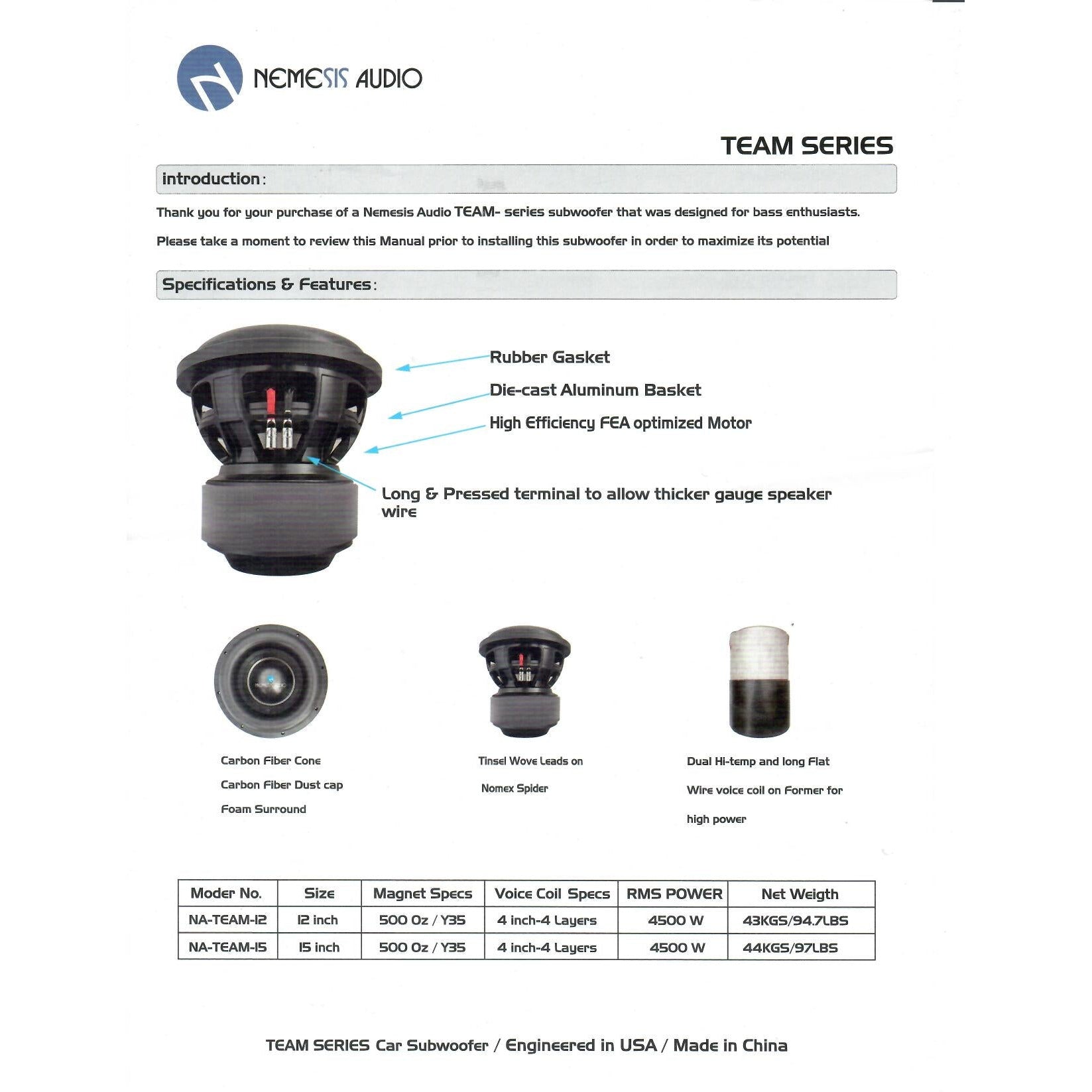 Nemesis Audio NA-TEAM-12 12" 4500W RMS Subwoofer DVC 1-Ohm